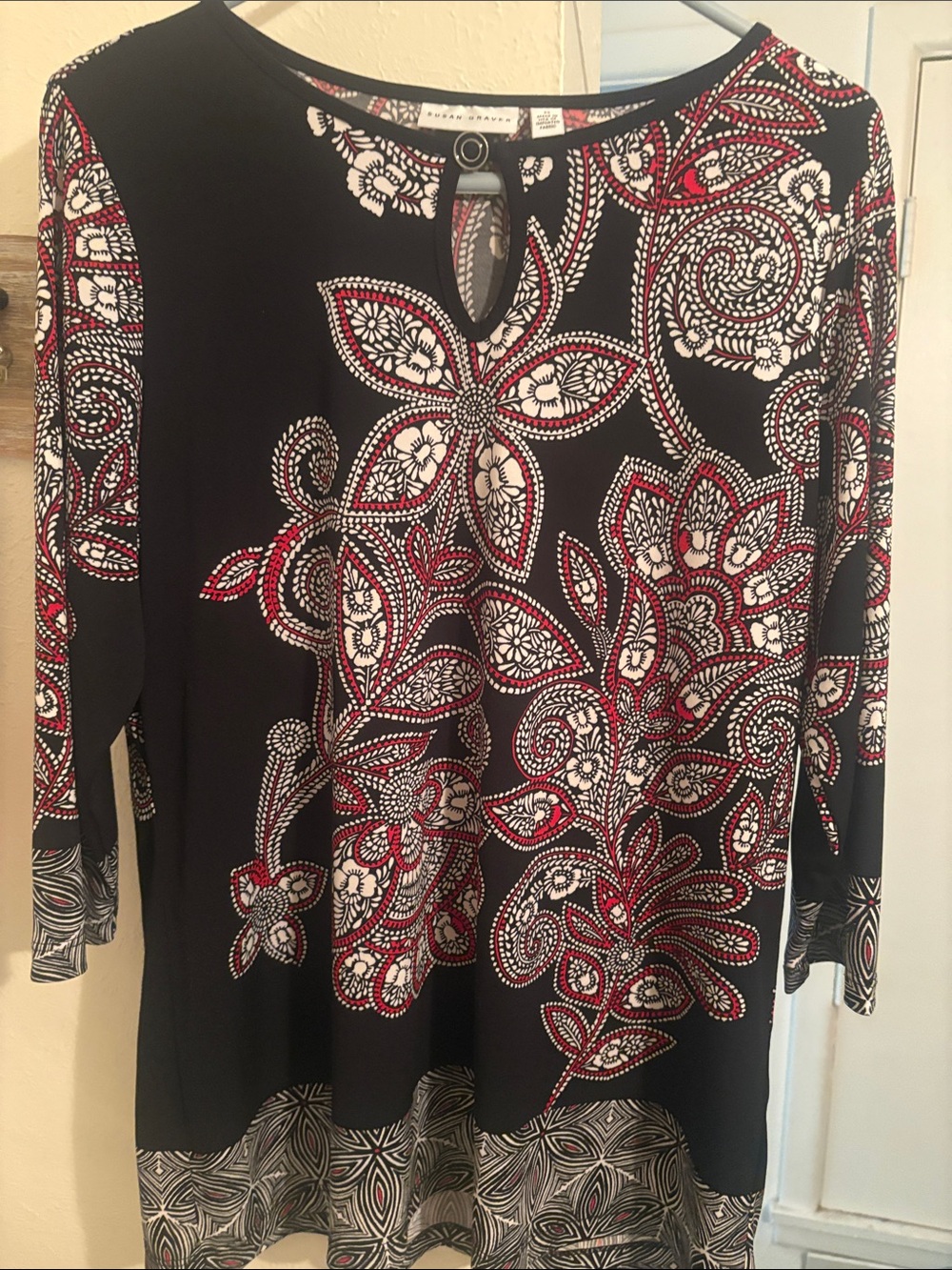 Susan Graver Black Tunic with Red & White Paisley Floral